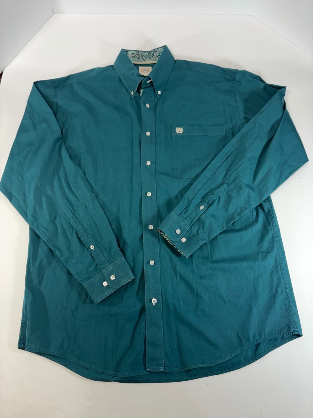 Cinch Men’s M Teal Solid Long Sleeve Western Button Down Shirt Paisley Trim